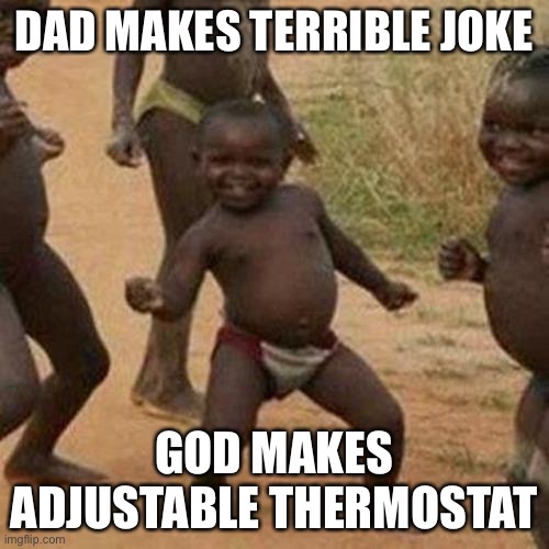 Third World Success Kid Meme | DAD MAKES TERRIBLE JOKE; GOD MAKES ADJUSTABLE THERMOSTAT | image tagged in memes,third world success kid | made w/ Imgflip meme maker