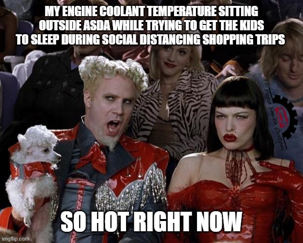 Check your levels!! | MY ENGINE COOLANT TEMPERATURE SITTING OUTSIDE ASDA WHILE TRYING TO GET THE KIDS TO SLEEP DURING SOCIAL DISTANCING SHOPPING TRIPS; SO HOT RIGHT NOW | image tagged in mugatu so hot right now,car memes,engine,temperature,lockdown,social distancing | made w/ Imgflip meme maker