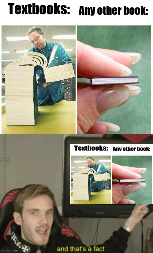 This is true. | Any other book:; Textbooks: | image tagged in big book small book,and that's a fact | made w/ Imgflip meme maker