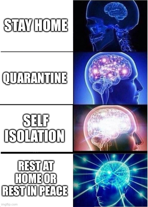 Expanding Brain | STAY HOME; QUARANTINE; SELF ISOLATION; REST AT HOME OR REST IN PEACE | image tagged in memes,expanding brain | made w/ Imgflip meme maker