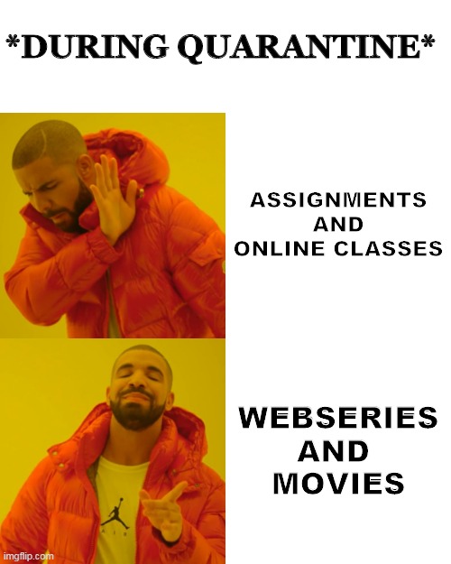 Drake Hotline Bling | *DURING QUARANTINE*; ASSIGNMENTS
AND
ONLINE CLASSES; WEBSERIES
AND 
MOVIES | image tagged in memes,drake hotline bling | made w/ Imgflip meme maker