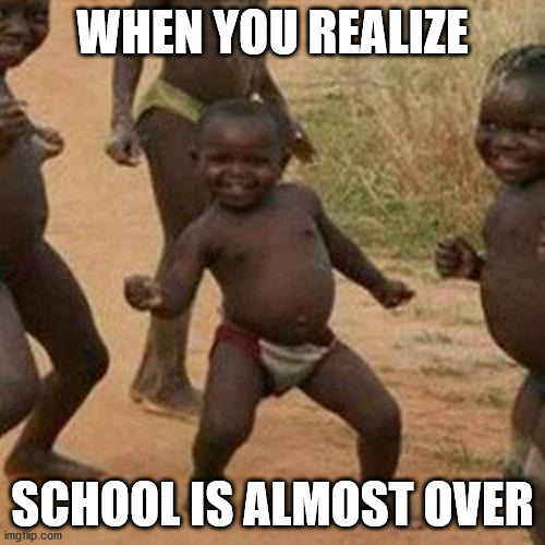 SCHOOL IS ALMOST OVER EVERYONE!!! | WHEN YOU REALIZE; SCHOOL IS ALMOST OVER | image tagged in memes,third world success kid | made w/ Imgflip meme maker