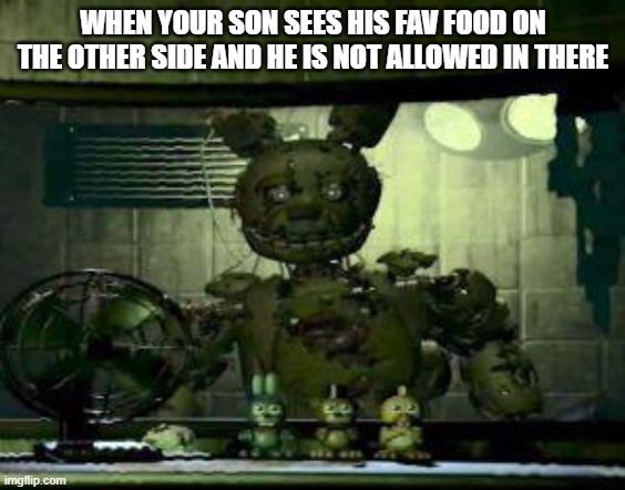 springtrap meme | WHEN YOUR SON SEES HIS FAV FOOD ON THE OTHER SIDE AND HE IS NOT ALLOWED IN THERE | image tagged in fnaf springtrap in window | made w/ Imgflip meme maker