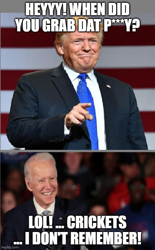 Trump and Biden | HEYYY! WHEN DID YOU GRAB DAT P***Y? LOL! ... CRICKETS ... I DON'T REMEMBER! | image tagged in trump and biden | made w/ Imgflip meme maker