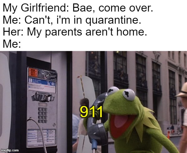 Kermit Phone | My Girlfriend: Bae, come over.
Me: Can't, i'm in quarantine.
Her: My parents aren't home.
Me:; 911 | image tagged in kermit phone | made w/ Imgflip meme maker