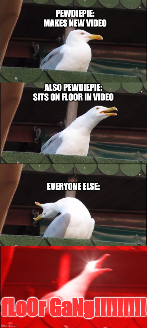 see what happens when pewdiepie sits on the floor??? | PEWDIEPIE: MAKES NEW VIDEO; ALSO PEWDIEPIE: SITS ON FLOOR IN VIDEO; EVERYONE ELSE:; fLoOr GaNg!!!!!!!!! | image tagged in memes,inhaling seagull | made w/ Imgflip meme maker