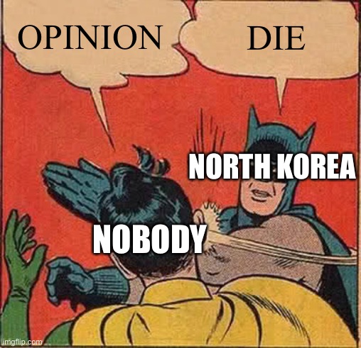 Nopinon | OPINION; DIE; NORTH KOREA; NOBODY | image tagged in memes,batman slapping robin | made w/ Imgflip meme maker