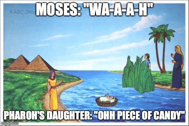 Moses in the river | MOSES: "WA-A-A-H"; PHAROH'S DAUGHTER: "OHH PIECE OF CANDY" | image tagged in meme | made w/ Imgflip meme maker