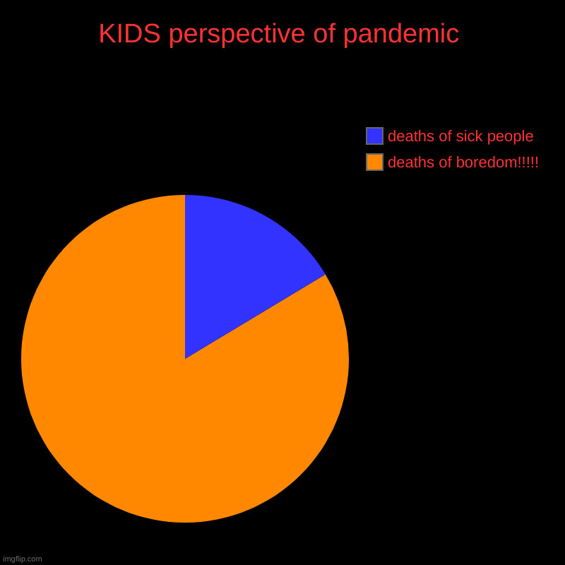 KIDS perspective of pandemic | KIDS perspective of pandemic | deaths of boredom!!!!!, deaths of sick people | image tagged in charts,pie charts | made w/ Imgflip chart maker