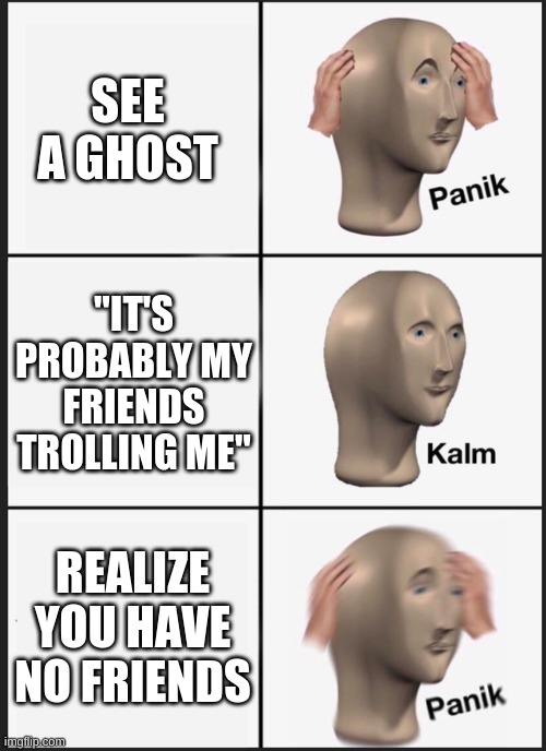 Panik Kalm Panik | SEE A GHOST; "IT'S PROBABLY MY FRIENDS TROLLING ME"; REALIZE YOU HAVE NO FRIENDS | image tagged in fun,panik kalm panik,memes | made w/ Imgflip meme maker