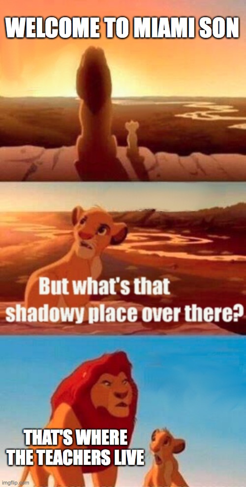 Simba Shadowy Place | WELCOME TO MIAMI SON; THAT'S WHERE THE TEACHERS LIVE | image tagged in memes,simba shadowy place | made w/ Imgflip meme maker