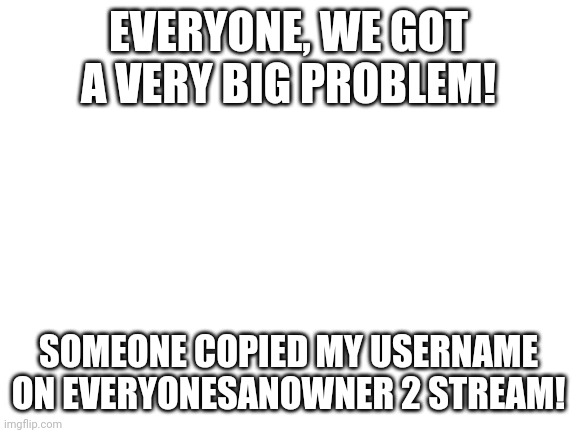 A huge problem with a copied username! | EVERYONE, WE GOT A VERY BIG PROBLEM! SOMEONE COPIED MY USERNAME ON EVERYONESANOWNER 2 STREAM! | image tagged in blank white template | made w/ Imgflip meme maker