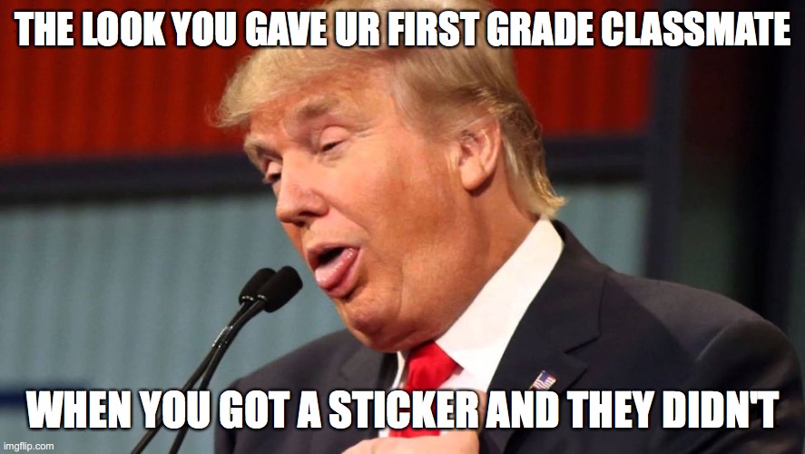 Stupid trump | THE LOOK YOU GAVE UR FIRST GRADE CLASSMATE; WHEN YOU GOT A STICKER AND THEY DIDN'T | image tagged in stupid trump | made w/ Imgflip meme maker