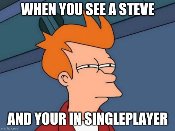 Futurama Fry | WHEN YOU SEE A STEVE; AND YOUR IN SINGLEPLAYER | image tagged in memes,futurama fry | made w/ Imgflip meme maker