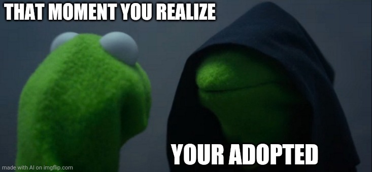 Evil Kermit | THAT MOMENT YOU REALIZE; YOUR ADOPTED | image tagged in memes,evil kermit | made w/ Imgflip meme maker