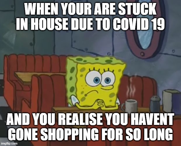 Covid19 | WHEN YOUR ARE STUCK IN HOUSE DUE TO COVID 19; AND YOU REALISE YOU HAVENT GONE SHOPPING FOR SO LONG | image tagged in sponge bob shop | made w/ Imgflip meme maker