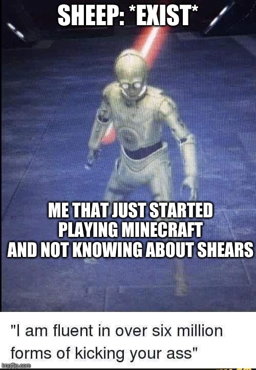 I Am Fluent In Over Six Million Forms Of Kicking Your Ass | SHEEP: *EXIST*; ME THAT JUST STARTED PLAYING MINECRAFT AND NOT KNOWING ABOUT SHEARS | image tagged in i am fluent in over six million forms of kicking your ass | made w/ Imgflip meme maker