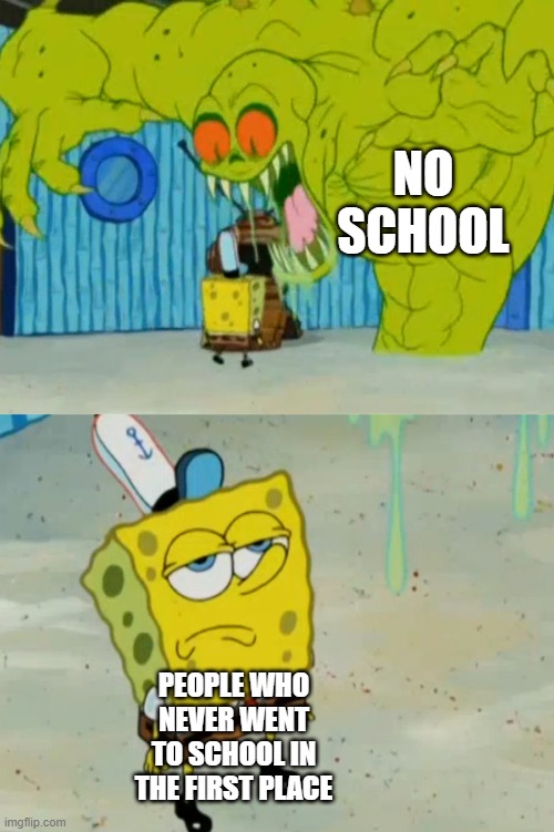 homeschooled? Idk | NO SCHOOL; PEOPLE WHO NEVER WENT TO SCHOOL IN THE FIRST PLACE | image tagged in spongebob | made w/ Imgflip meme maker