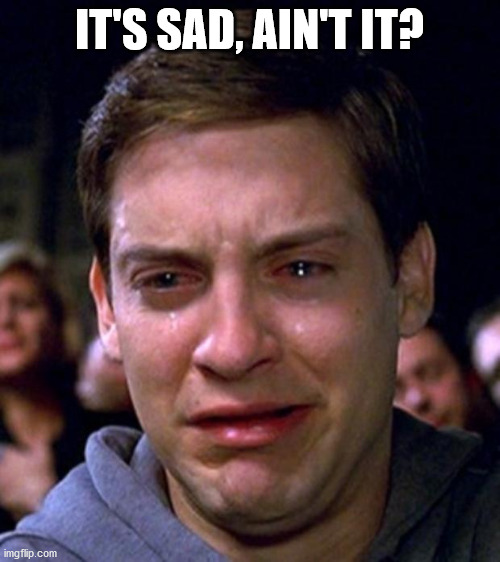 crying peter parker | IT'S SAD, AIN'T IT? | image tagged in crying peter parker | made w/ Imgflip meme maker