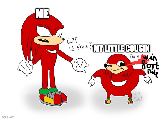 no i don't | ME; MY LITTLE COUSIN | image tagged in uganda knuckles wack,my little cousin,ugandan knuckles | made w/ Imgflip meme maker