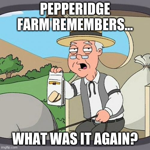 Pepperidge Farm Never Remembers | PEPPERIDGE FARM REMEMBERS... WHAT WAS IT AGAIN? | image tagged in memes,pepperidge farm remembers | made w/ Imgflip meme maker