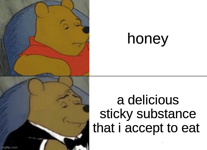 Tuxedo Winnie The Pooh Meme | honey; a delicious sticky substance that i accept to eat | image tagged in memes,tuxedo winnie the pooh | made w/ Imgflip meme maker