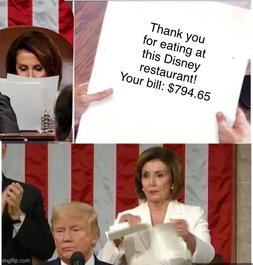 The BILLS.  I only got a personal pizza! | Thank you for eating at this Disney restaurant!
Your bill: $794.65 | image tagged in nancy pelosi rips paper,funny,memes,disney,restaurant,bill | made w/ Imgflip meme maker