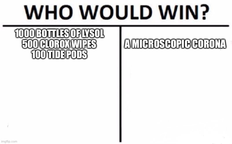 Who Would Win? | 1000 BOTTLES OF LYSOL
500 CLOROX WIPES
100 TIDE PODS; A MICROSCOPIC CORONA | image tagged in memes,who would win | made w/ Imgflip meme maker