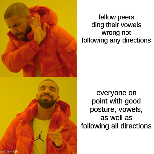 Drake Hotline Bling Meme | fellow peers ding their vowels wrong not following any directions; everyone on point with good posture, vowels, as well as following all directions | image tagged in memes,drake hotline bling | made w/ Imgflip meme maker