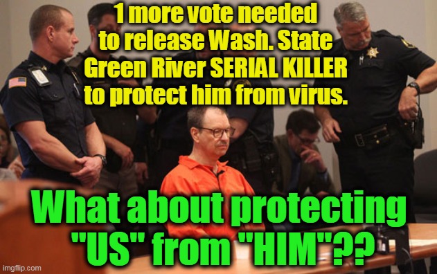 Liberal INSANITY! | 1 more vote needed to release Wash. State Green River SERIAL KILLER to protect him from virus. What about protecting 

"US" from "HIM"?? | image tagged in political meme,politics,liberal vs conservative,democrats,coronavirus,insanity | made w/ Imgflip meme maker