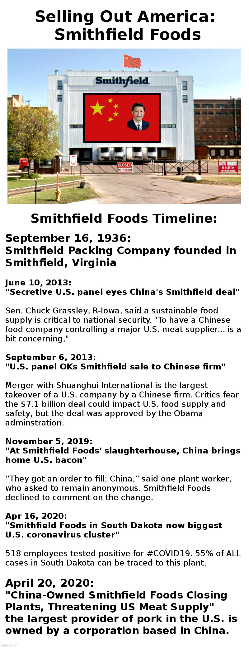 Selling Out America: Smithfield Foods | image tagged in china,food,obama,coronavirus,shutdown,food for thought | made w/ Imgflip meme maker