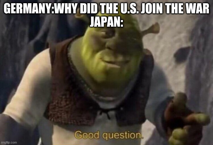 Shrek good question | GERMANY:WHY DID THE U.S. JOIN THE WAR
JAPAN: | image tagged in shrek good question | made w/ Imgflip meme maker