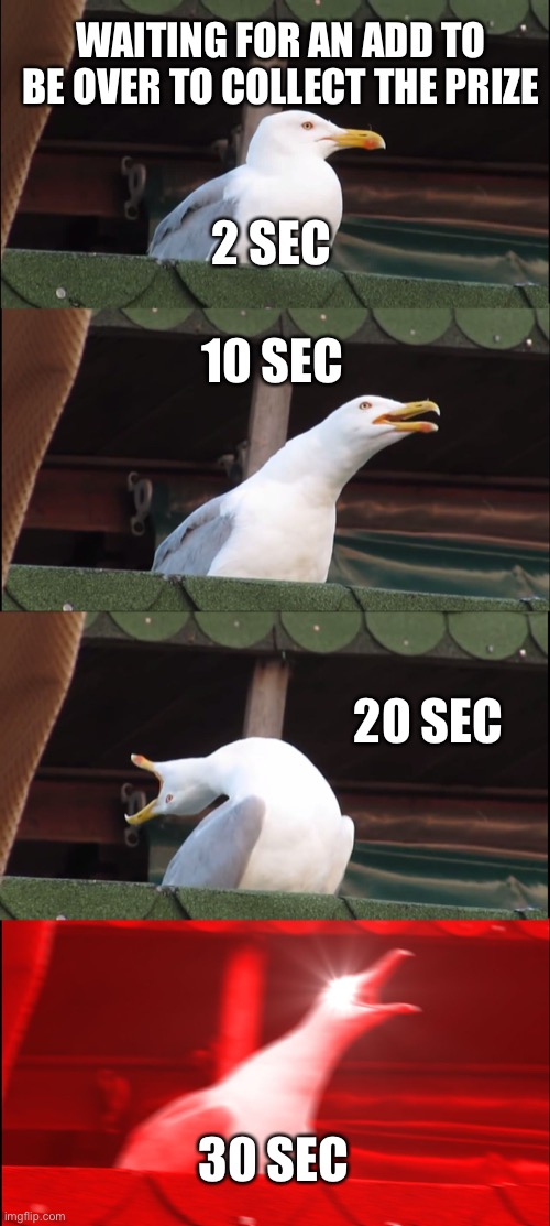 Inhaling Seagull | WAITING FOR AN ADD TO BE OVER TO COLLECT THE PRIZE; 2 SEC; 10 SEC; 20 SEC; 30 SEC | image tagged in memes,inhaling seagull | made w/ Imgflip meme maker