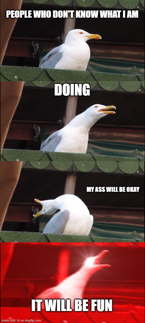 Inhaling Seagull Meme | PEOPLE WHO DON'T KNOW WHAT I AM; DOING; MY ASS WILL BE OKAY; IT WILL BE FUN | image tagged in memes,inhaling seagull | made w/ Imgflip meme maker
