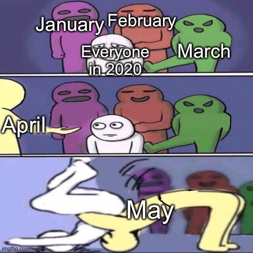 2020 be like |  February; January; March; Everyone in 2020; April; May | image tagged in slam me,memes,funny,2020 | made w/ Imgflip meme maker
