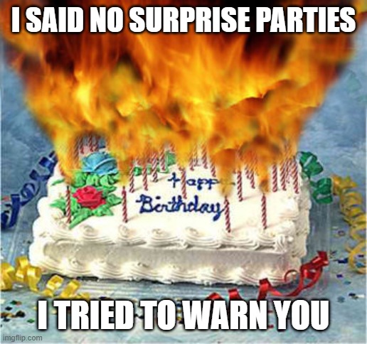 flaming birthday cake | I SAID NO SURPRISE PARTIES; I TRIED TO WARN YOU | image tagged in flaming birthday cake | made w/ Imgflip meme maker