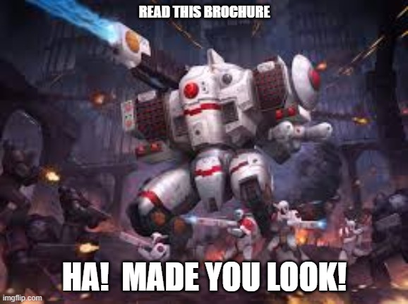Stormsurge welcome | READ THIS BROCHURE; HA!  MADE YOU LOOK! | image tagged in t'au empire,t'au empire meme,stormsruge | made w/ Imgflip meme maker