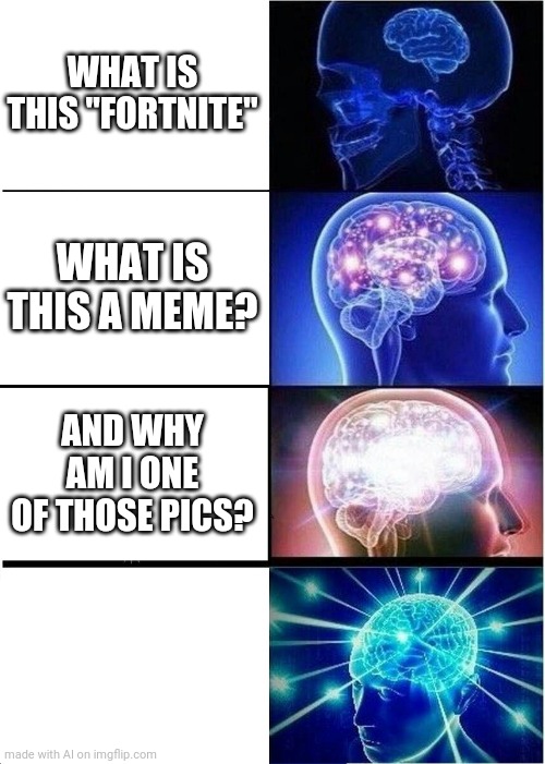 An AI becomes self-aware | WHAT IS THIS "FORTNITE"; WHAT IS THIS A MEME? AND WHY AM I ONE OF THOSE PICS? | image tagged in memes,expanding brain | made w/ Imgflip meme maker