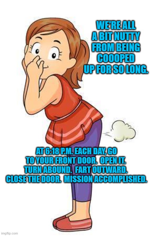 Cutting Loose for Sanity | WE'RE ALL A BIT NUTTY FROM BEING COOOPED UP FOR SO LONG. AT 6:18 P.M. EACH DAY, GO TO YOUR FRONT DOOR.  OPEN IT.  TURN ABOUND.  FART OUTWARD.  CLOSE THE DOOR.  MISSION ACCOMPLISHED. | image tagged in humor | made w/ Imgflip meme maker