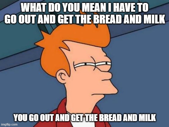 No you do it. | WHAT DO YOU MEAN I HAVE TO GO OUT AND GET THE BREAD AND MILK; YOU GO OUT AND GET THE BREAD AND MILK | image tagged in memes,futurama fry | made w/ Imgflip meme maker