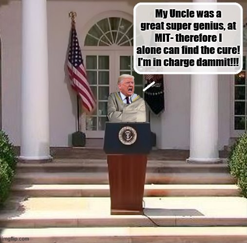 Donald J. Trump, A Mouse Among Men... | My Uncle was a great super genius, at MIT- therefore I alone can find the cure! I'm in charge dammit!!! | image tagged in covid-19,trump is a moron,nuts,moron,donald trump is an idiot | made w/ Imgflip meme maker