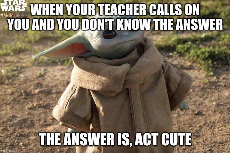 WHEN YOUR TEACHER CALLS ON YOU AND YOU DON'T KNOW THE ANSWER; THE ANSWER IS, ACT CUTE | image tagged in baby yoda | made w/ Imgflip meme maker