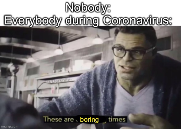 These are confusing times | Nobody:
Everybody during Coronavirus:; boring | image tagged in these are confusing times | made w/ Imgflip meme maker