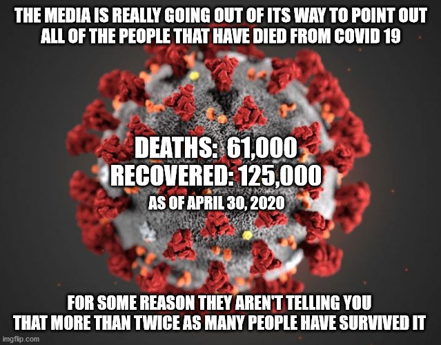 Good News! | THE MEDIA IS REALLY GOING OUT OF ITS WAY TO POINT OUT
ALL OF THE PEOPLE THAT HAVE DIED FROM COVID 19; DEATHS:  61,000
RECOVERED: 125,000; AS OF APRIL 30, 2020; FOR SOME REASON THEY AREN'T TELLING YOU THAT MORE THAN TWICE AS MANY PEOPLE HAVE SURVIVED IT | image tagged in recovered | made w/ Imgflip meme maker