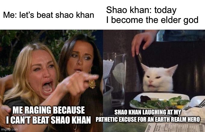 Let’s all agree on this | Me: let’s beat shao khan; Shao khan: today I become the elder god; ME RAGING BECAUSE I CAN’T BEAT SHAO KHAN; SHAO KHAN LAUGHING AT MY PATHETIC EXCUSE FOR AN EARTH REALM HERO | image tagged in memes,woman yelling at cat | made w/ Imgflip meme maker