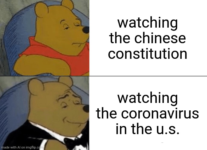 I don't even..... | watching the chinese constitution; watching the coronavirus in the u.s. | image tagged in tuxedo winnie the pooh,constitution,chinese,coronavirus | made w/ Imgflip meme maker