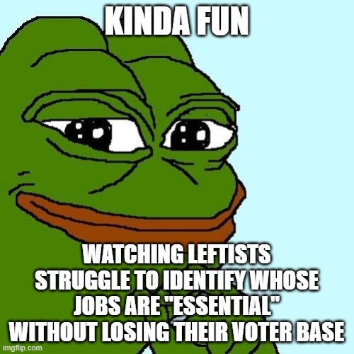 Smug Pepe | KINDA FUN WATCHING LEFTISTS STRUGGLE TO IDENTIFY WHOSE JOBS ARE "ESSENTIAL" WITHOUT LOSING THEIR VOTER BASE | image tagged in smug pepe | made w/ Imgflip meme maker