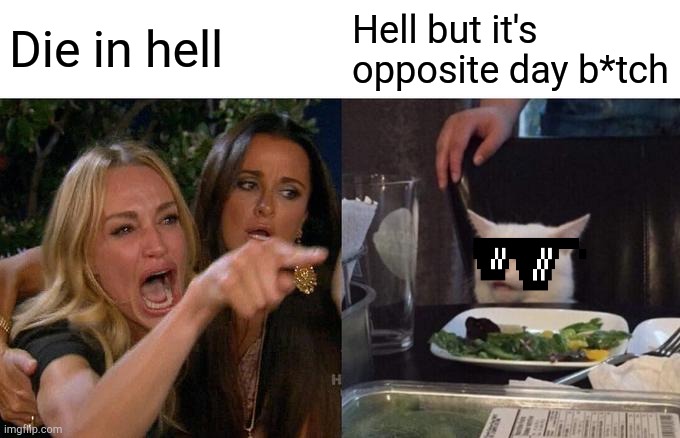 Woman Yelling At Cat Meme | Die in hell; Hell but it's opposite day b*tch | image tagged in memes,woman yelling at cat | made w/ Imgflip meme maker