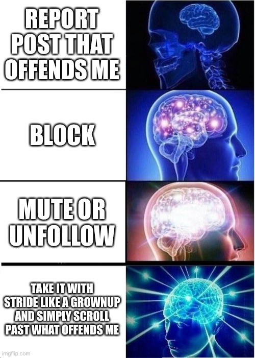 Scroll on playa | REPORT POST THAT OFFENDS ME; BLOCK; MUTE OR UNFOLLOW; TAKE IT WITH STRIDE LIKE A GROWNUP AND SIMPLY SCROLL PAST WHAT OFFENDS ME | image tagged in memes,expanding brain,offensive,posts | made w/ Imgflip meme maker