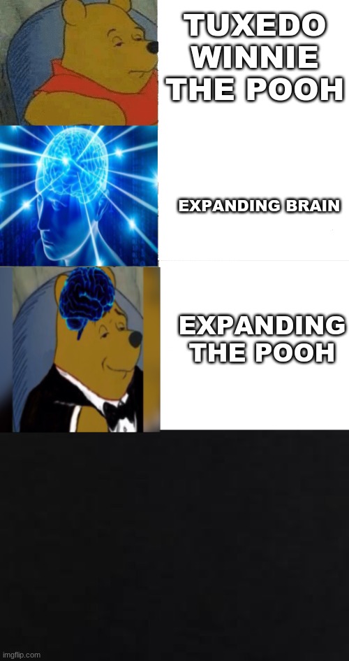 Expanding The Pooh | TUXEDO WINNIE THE POOH; EXPANDING BRAIN; EXPANDING THE POOH | image tagged in 2 memes in 1 | made w/ Imgflip meme maker